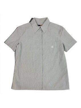 Chanel CC Logo Short Sleeve Striped Shirt 38 Gray White Cotton